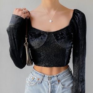 Free People Black Velvet Lace Long Sleeve Crop Top